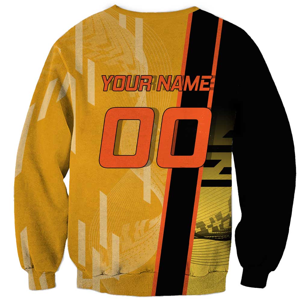 Personalized Rengoku Anime Badminton Theme Sweatshirt with Racket Action Pose and Fiery Yellow Black Graphic Design - The Mazicc