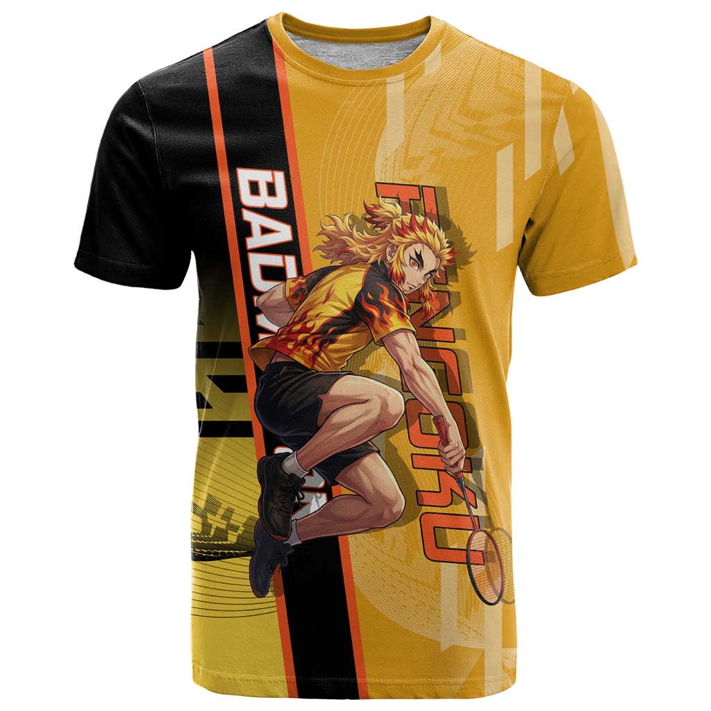 Personalized Rengoku Anime Badminton Theme T Shirt with Racket Action Pose and Fiery Yellow Black Graphic Design - The Mazicc