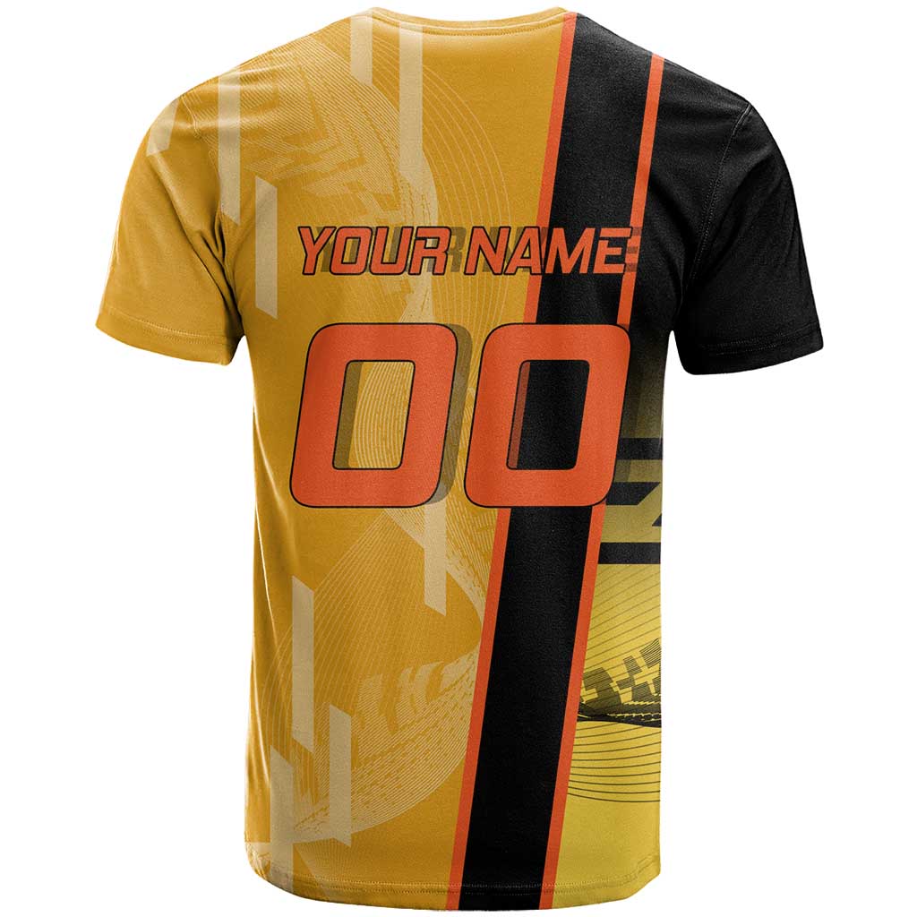 Personalized Rengoku Anime Badminton Theme T Shirt with Racket Action Pose and Fiery Yellow Black Graphic Design - The Mazicc