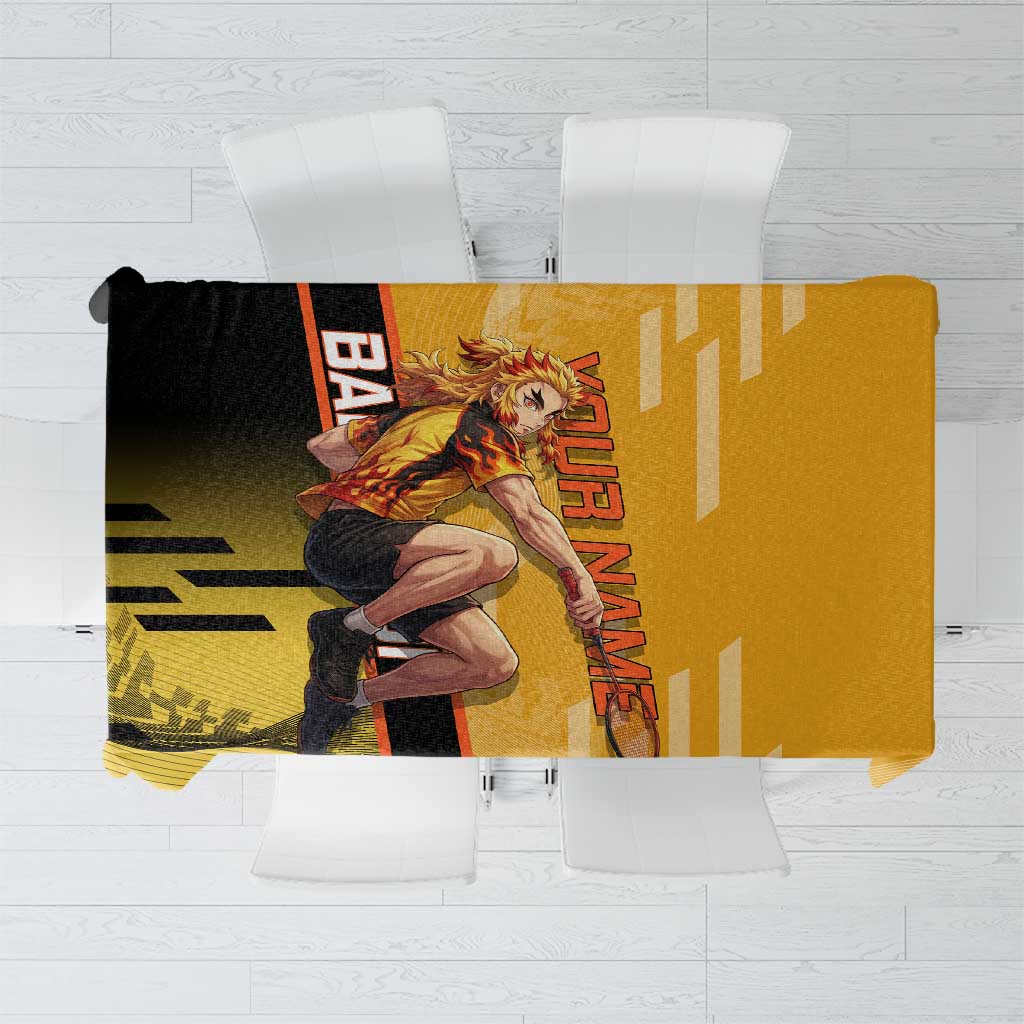 Personalized Rengoku Anime Badminton Theme Tablecloth with Racket Action Pose and Fiery Yellow Black Graphic Design - The Mazicc