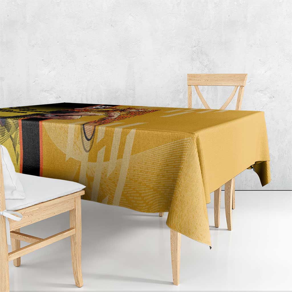 Personalized Rengoku Anime Badminton Theme Tablecloth with Racket Action Pose and Fiery Yellow Black Graphic Design - The Mazicc