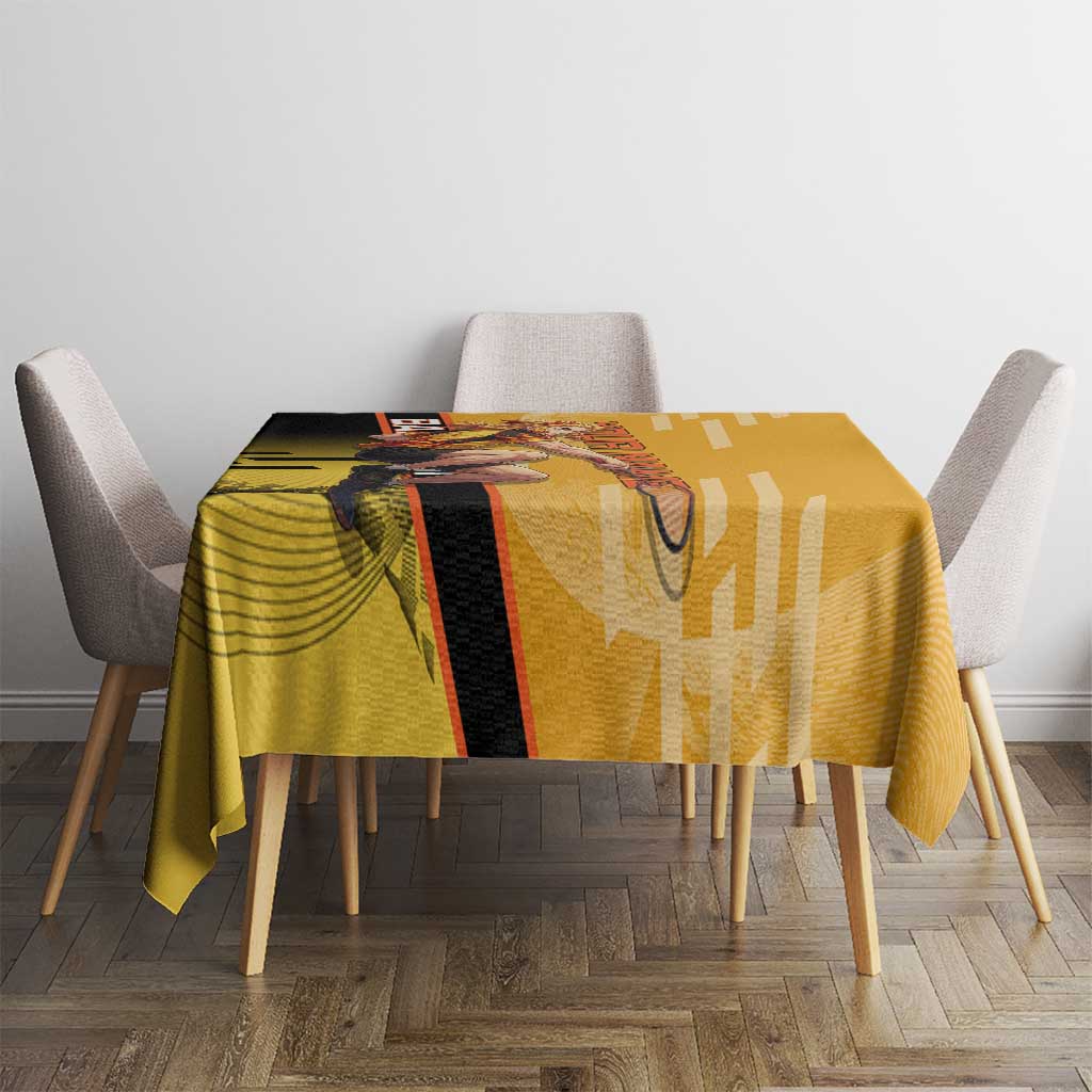Personalized Rengoku Anime Badminton Theme Tablecloth with Racket Action Pose and Fiery Yellow Black Graphic Design - The Mazicc