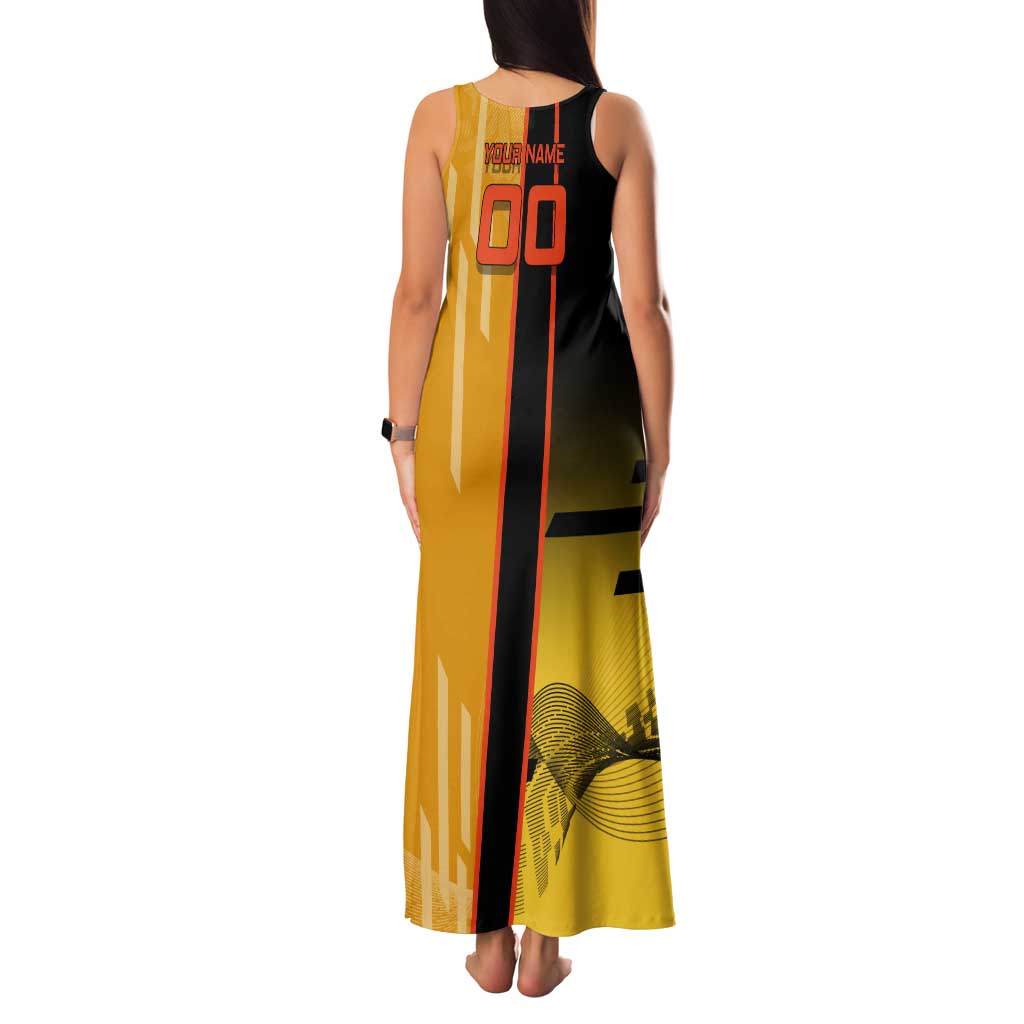 Personalized Rengoku Anime Badminton Theme Tank Maxi Dress with Racket Action Pose and Fiery Yellow Black Graphic Design - The Mazicc