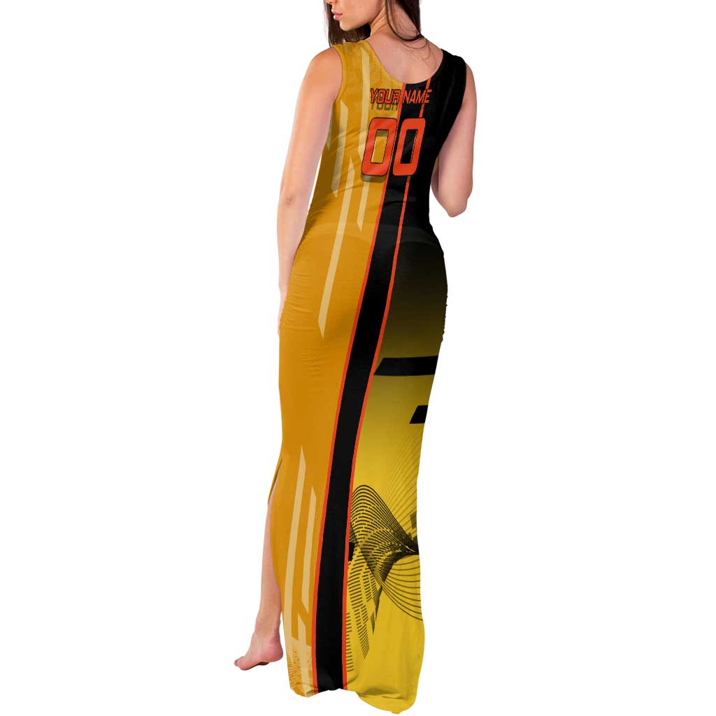 Personalized Rengoku Anime Badminton Theme Tank Maxi Dress with Racket Action Pose and Fiery Yellow Black Graphic Design - The Mazicc