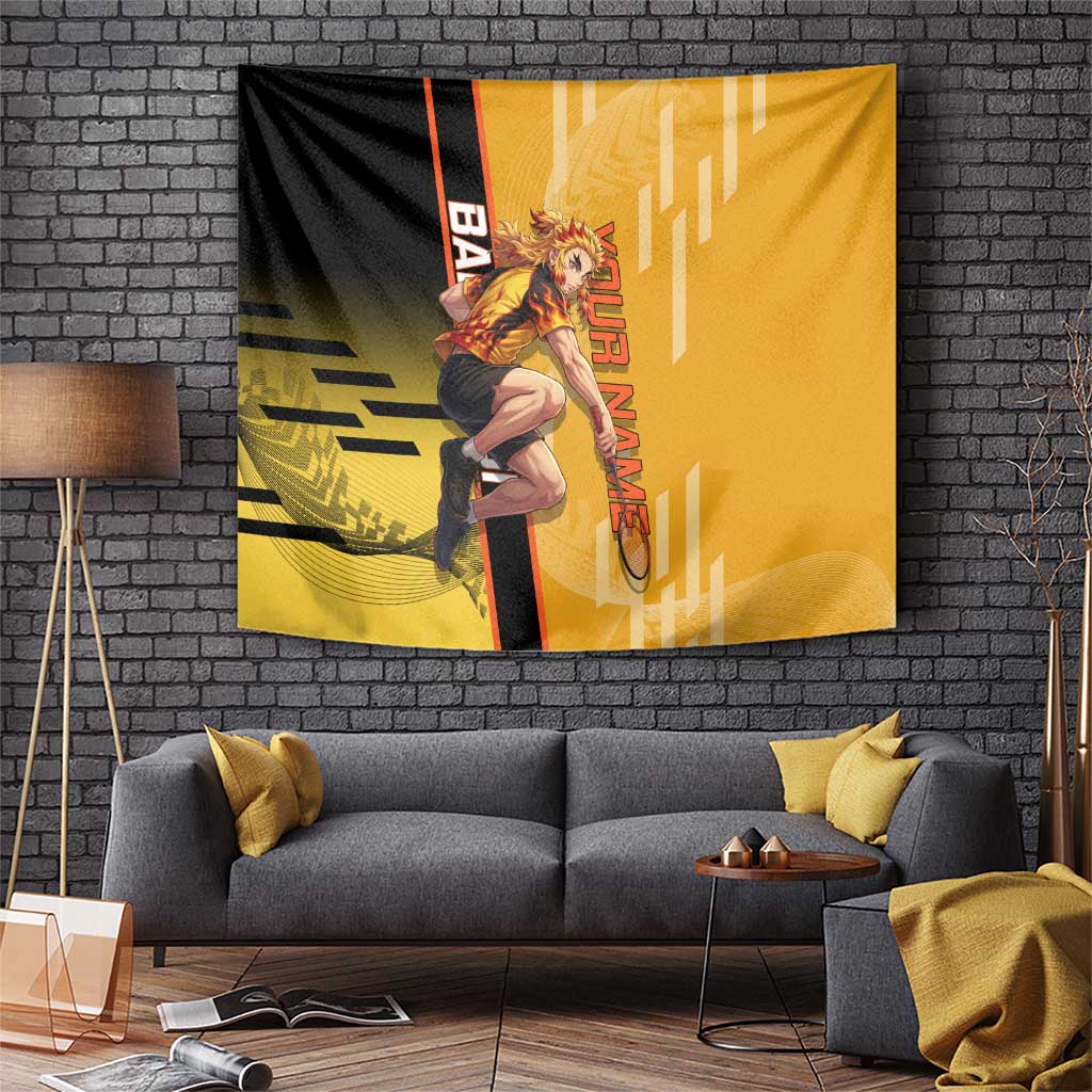 Personalized Rengoku Anime Badminton Theme Tapestry with Racket Action Pose and Fiery Yellow Black Graphic Design - The Mazicc