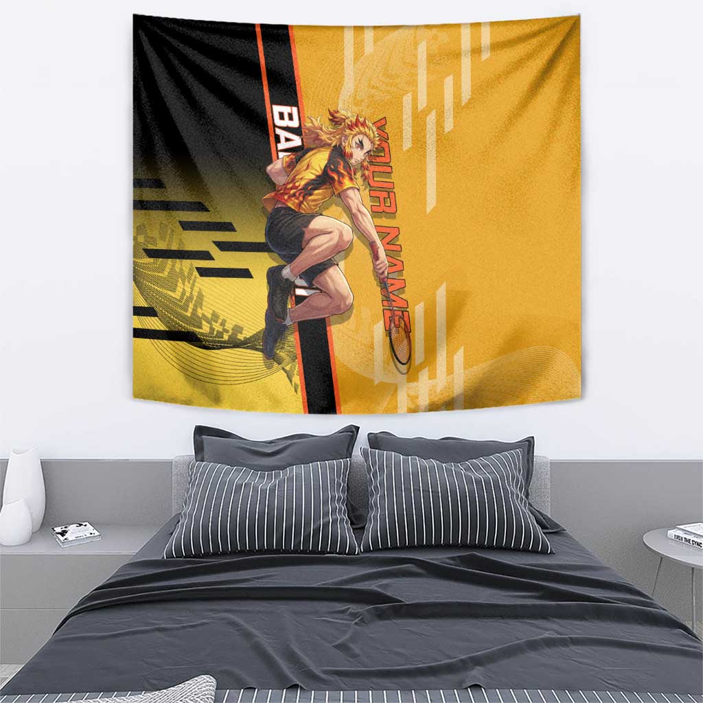 Personalized Rengoku Anime Badminton Theme Tapestry with Racket Action Pose and Fiery Yellow Black Graphic Design - The Mazicc