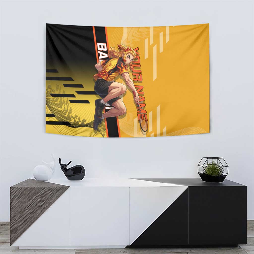 Personalized Rengoku Anime Badminton Theme Tapestry with Racket Action Pose and Fiery Yellow Black Graphic Design - The Mazicc