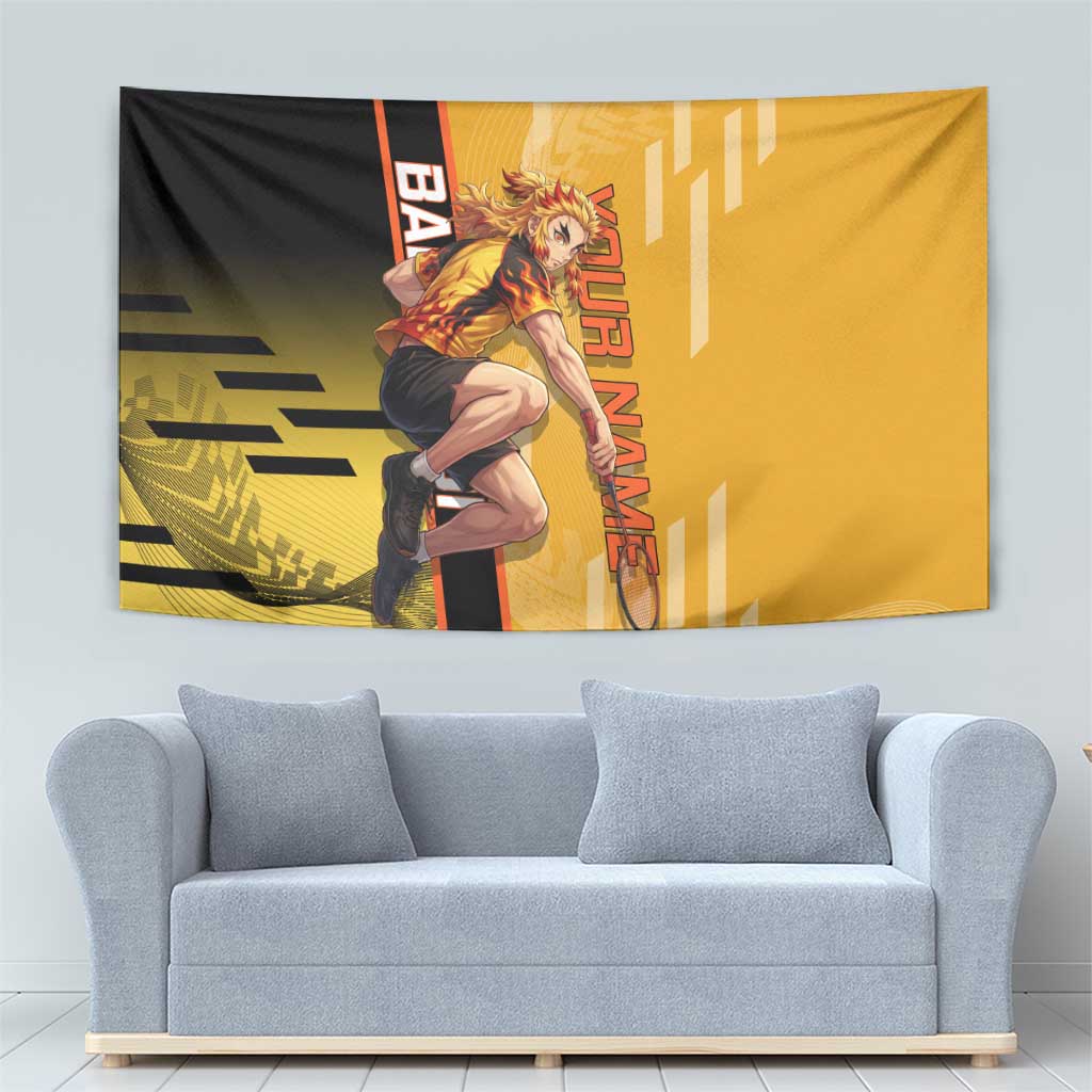 Personalized Rengoku Anime Badminton Theme Tapestry with Racket Action Pose and Fiery Yellow Black Graphic Design - The Mazicc