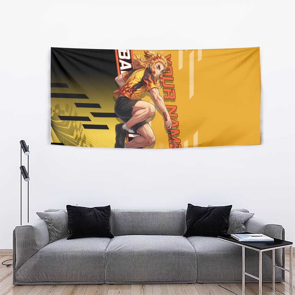 Personalized Rengoku Anime Badminton Theme Tapestry with Racket Action Pose and Fiery Yellow Black Graphic Design - The Mazicc