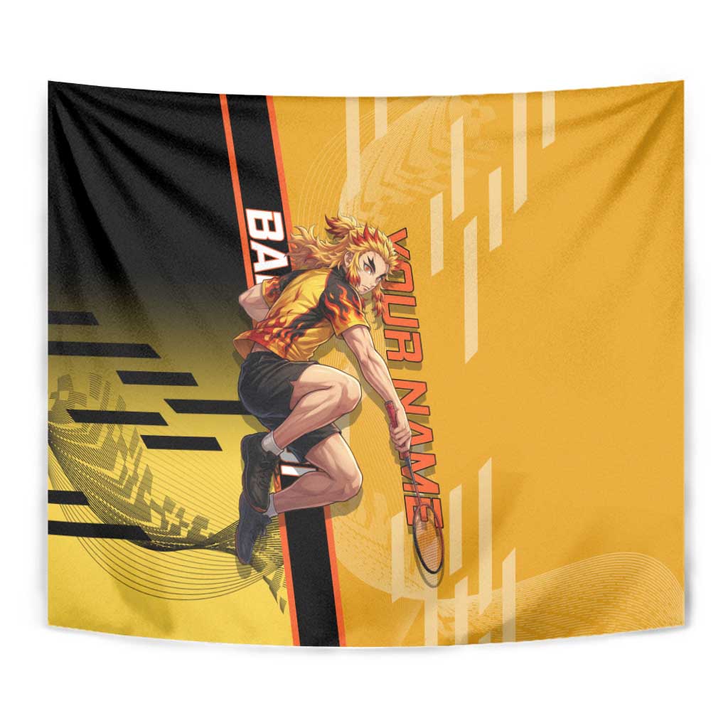 Personalized Rengoku Anime Badminton Theme Tapestry with Racket Action Pose and Fiery Yellow Black Graphic Design - The Mazicc