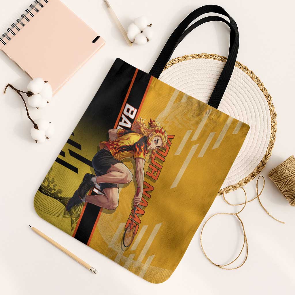 Personalized Rengoku Anime Badminton Theme Tote Bag with Racket Action Pose and Fiery Yellow Black Graphic Design - The Mazicc