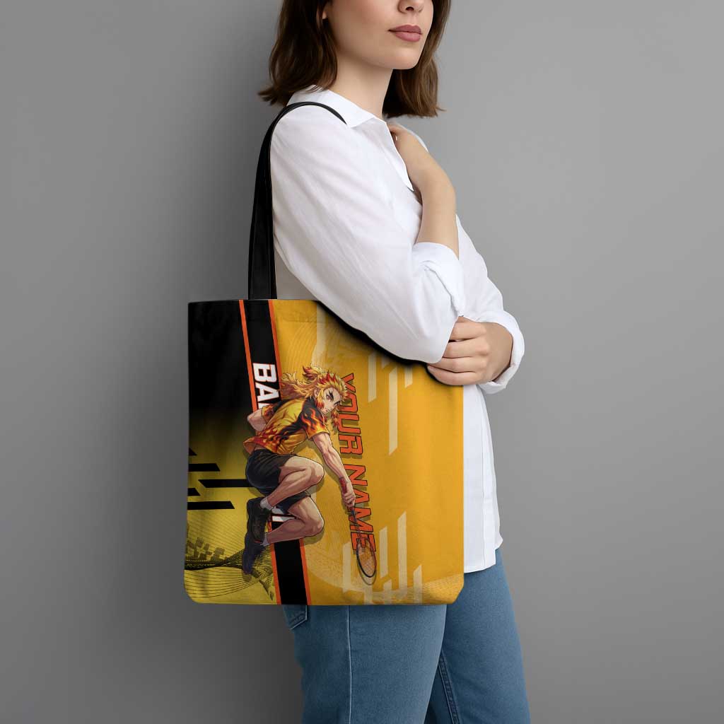 Personalized Rengoku Anime Badminton Theme Tote Bag with Racket Action Pose and Fiery Yellow Black Graphic Design - The Mazicc