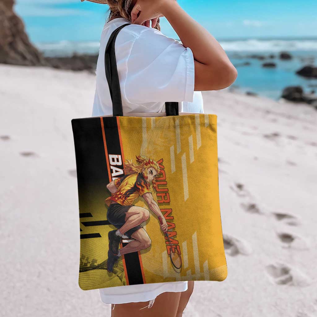 Personalized Rengoku Anime Badminton Theme Tote Bag with Racket Action Pose and Fiery Yellow Black Graphic Design - The Mazicc