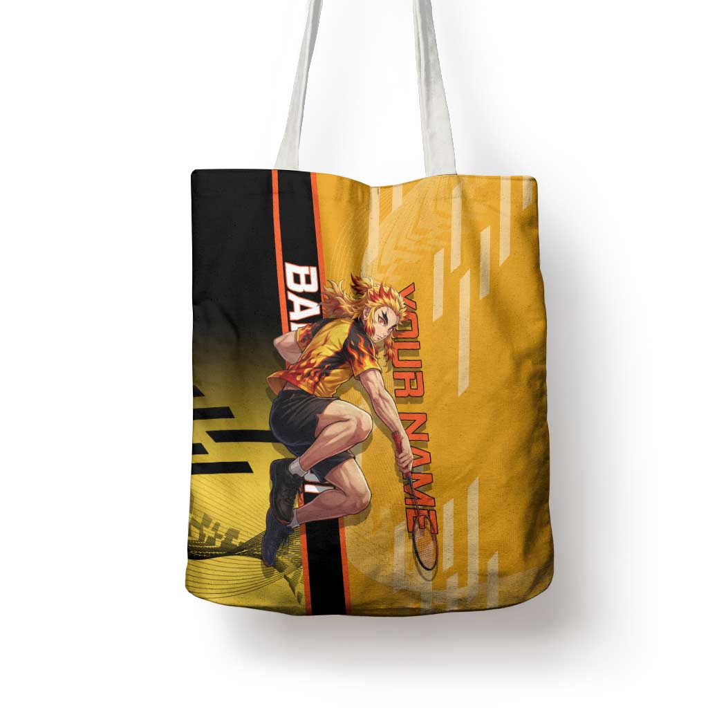 Personalized Rengoku Anime Badminton Theme Tote Bag with Racket Action Pose and Fiery Yellow Black Graphic Design - The Mazicc
