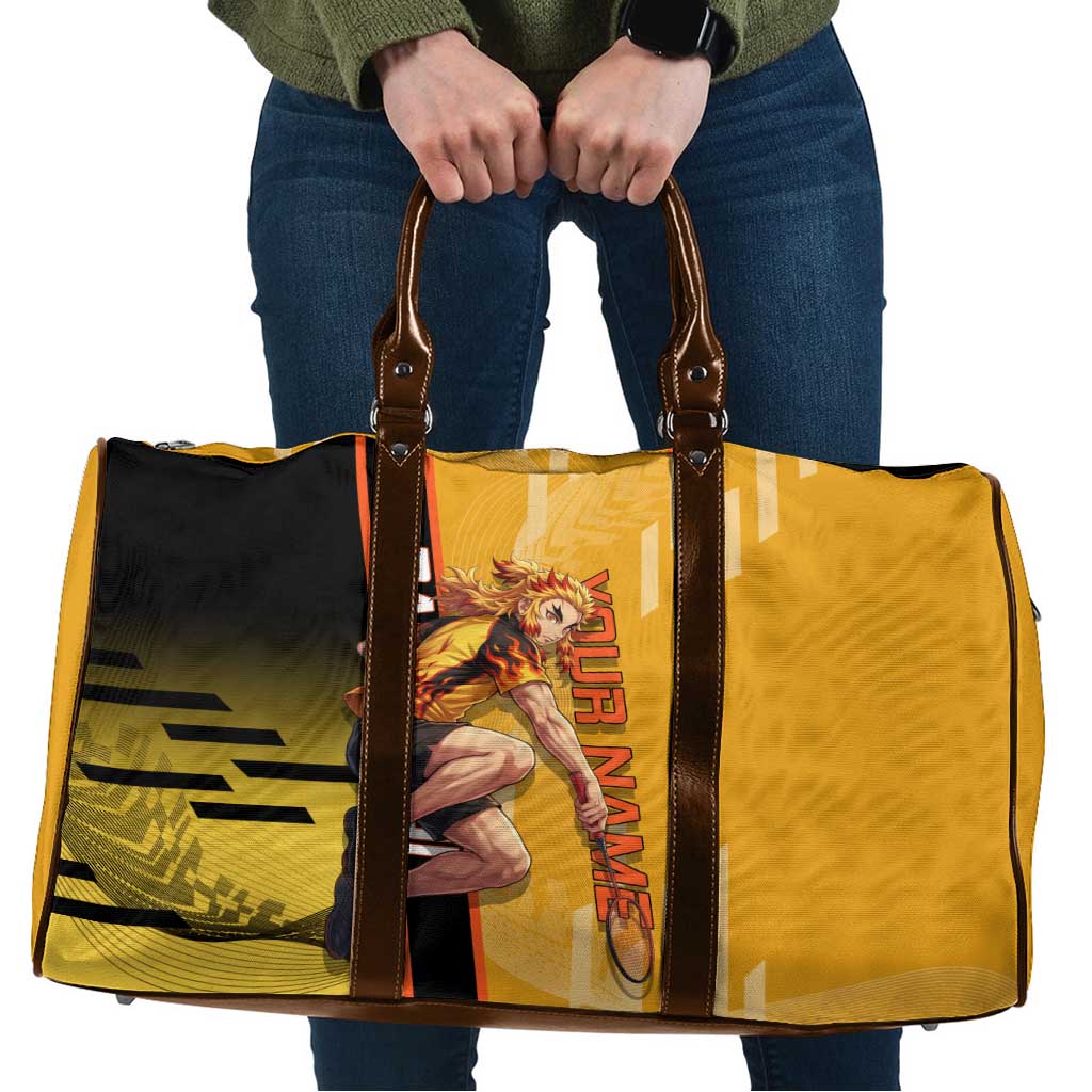 Personalized Rengoku Anime Badminton Theme Travel Bag with Racket Action Pose and Fiery Yellow Black Graphic Design - The Mazicc