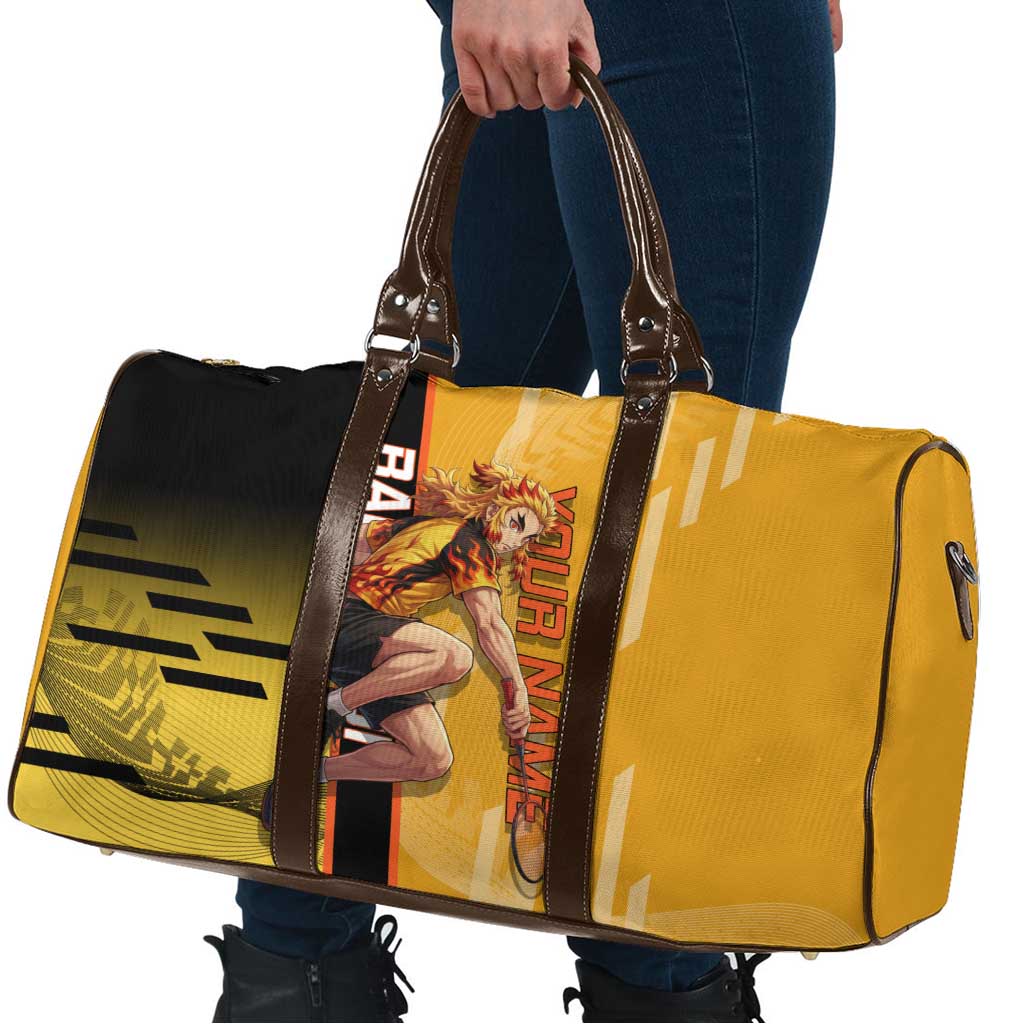 Personalized Rengoku Anime Badminton Theme Travel Bag with Racket Action Pose and Fiery Yellow Black Graphic Design - The Mazicc