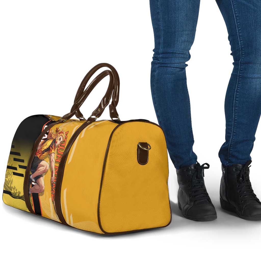 Personalized Rengoku Anime Badminton Theme Travel Bag with Racket Action Pose and Fiery Yellow Black Graphic Design - The Mazicc