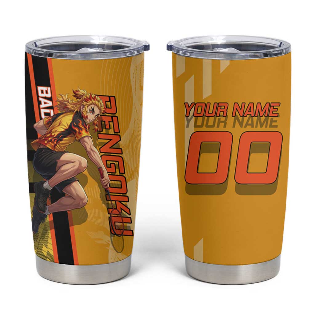 Personalized Rengoku Anime Badminton Theme Tumbler Cup with Racket Action Pose and Fiery Yellow Black Graphic Design - The Mazicc