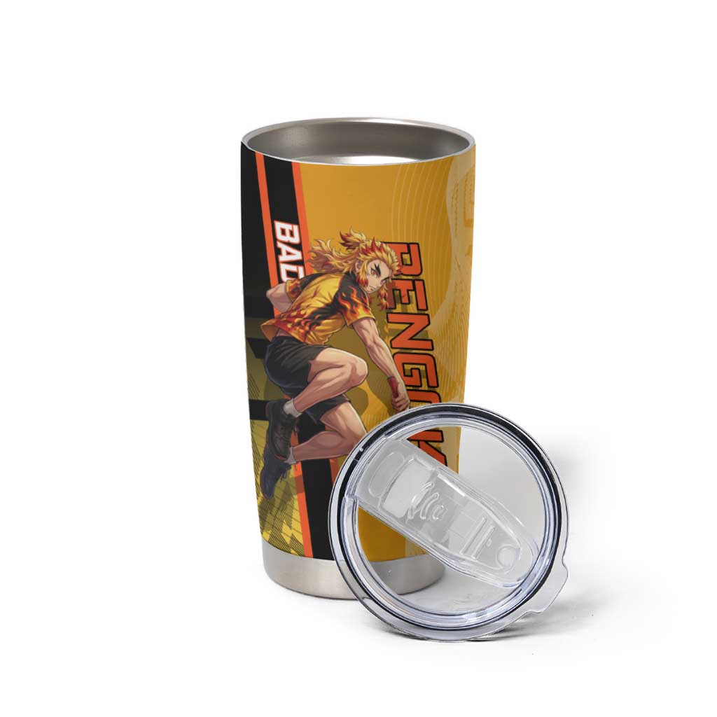Personalized Rengoku Anime Badminton Theme Tumbler Cup with Racket Action Pose and Fiery Yellow Black Graphic Design - The Mazicc