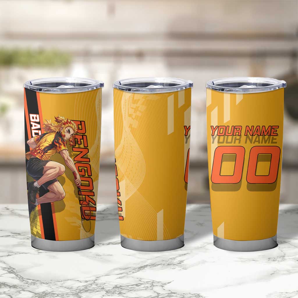 Personalized Rengoku Anime Badminton Theme Tumbler Cup with Racket Action Pose and Fiery Yellow Black Graphic Design - The Mazicc
