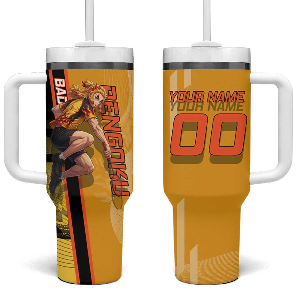 Personalized Rengoku Anime Badminton Theme Tumbler With Handle with Racket Action Pose and Fiery Yellow Black Graphic Design - The Mazicc