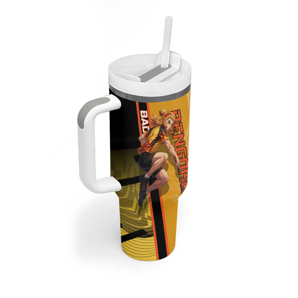 Personalized Rengoku Anime Badminton Theme Tumbler With Handle with Racket Action Pose and Fiery Yellow Black Graphic Design - The Mazicc