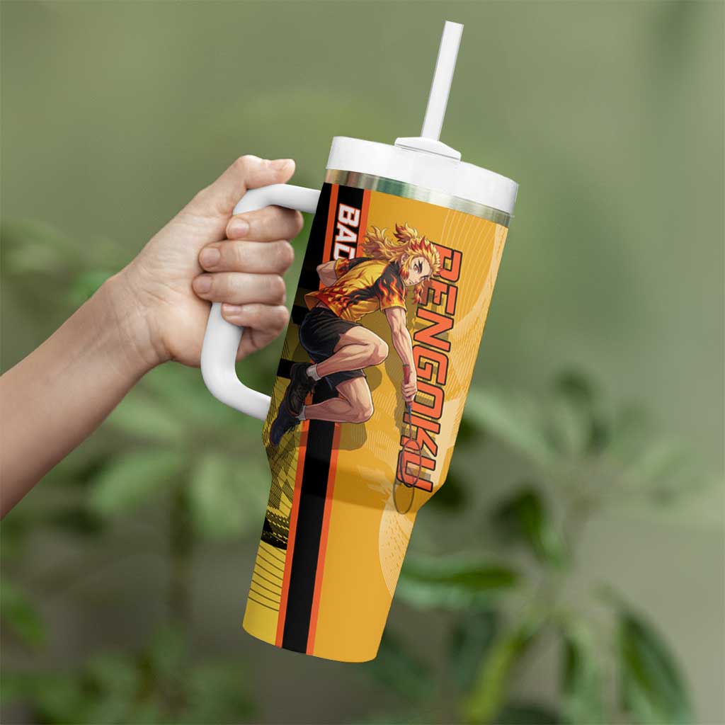 Personalized Rengoku Anime Badminton Theme Tumbler With Handle with Racket Action Pose and Fiery Yellow Black Graphic Design - The Mazicc