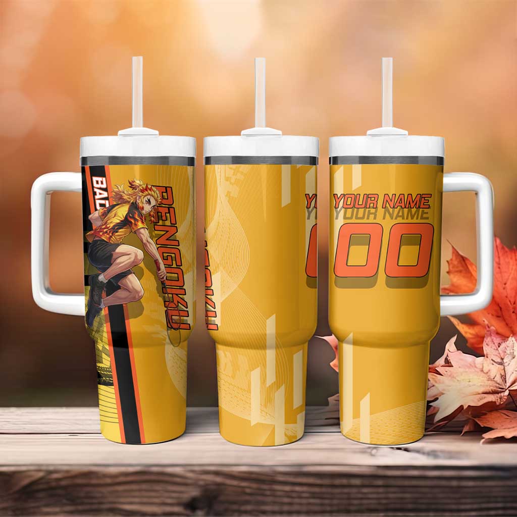 Personalized Rengoku Anime Badminton Theme Tumbler With Handle with Racket Action Pose and Fiery Yellow Black Graphic Design - The Mazicc