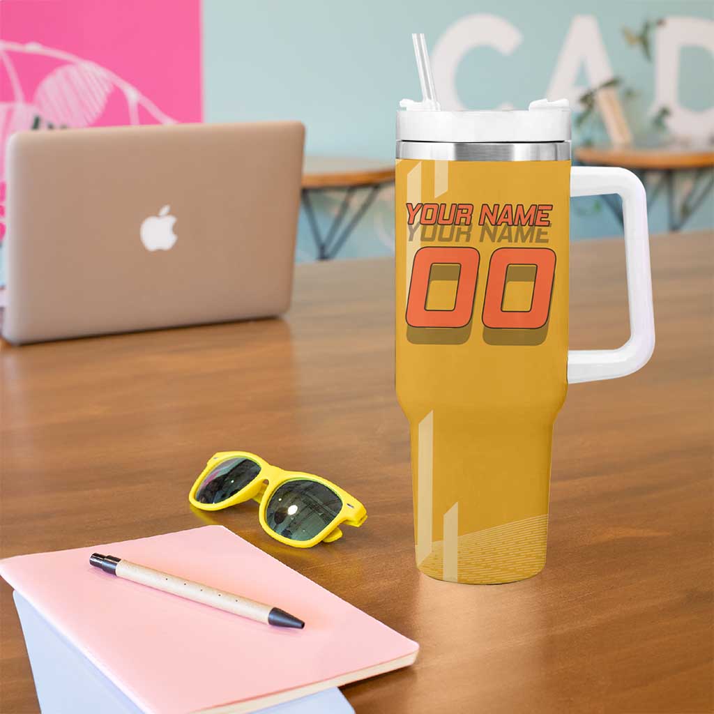 Personalized Rengoku Anime Badminton Theme Tumbler With Handle with Racket Action Pose and Fiery Yellow Black Graphic Design - The Mazicc