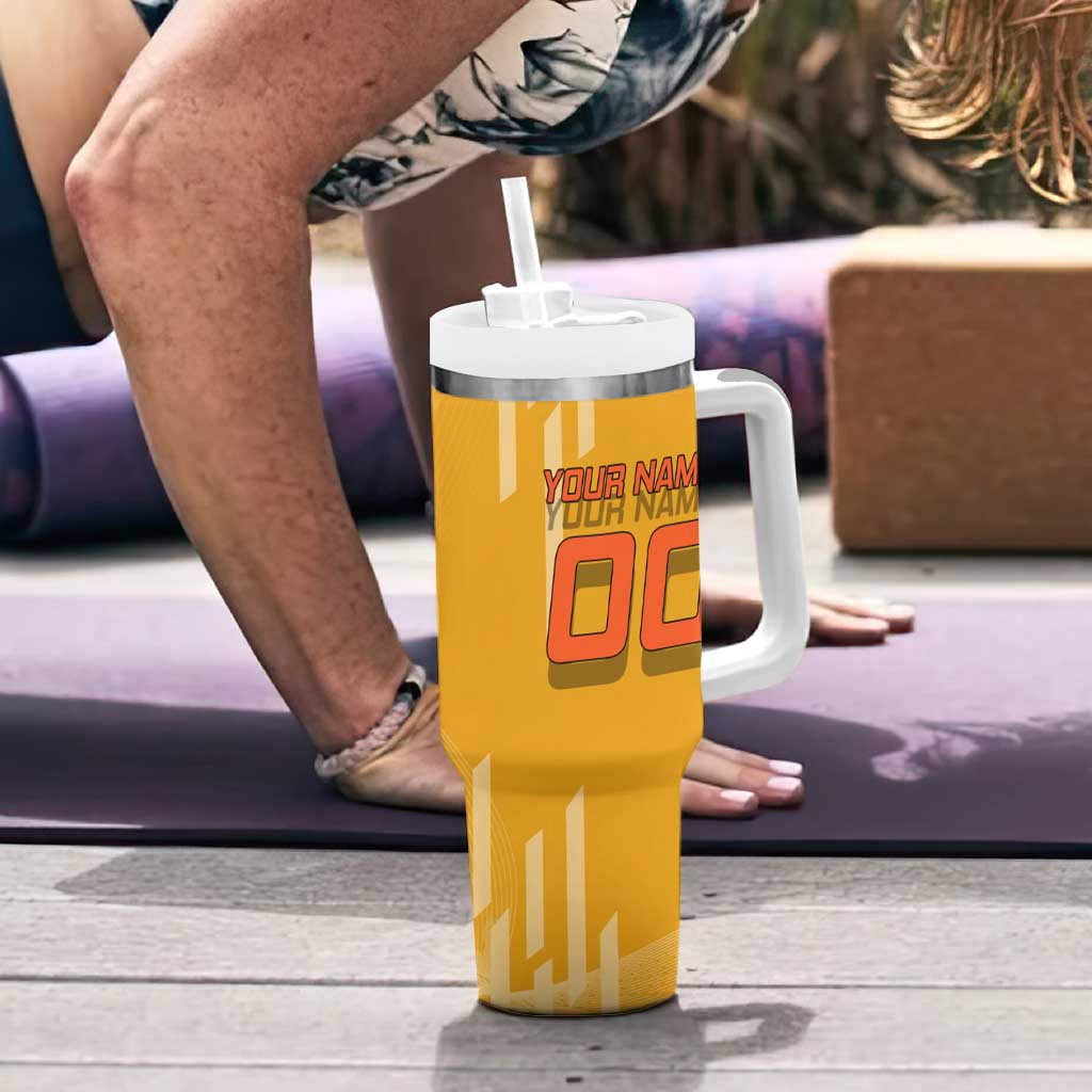 Personalized Rengoku Anime Badminton Theme Tumbler With Handle with Racket Action Pose and Fiery Yellow Black Graphic Design - The Mazicc
