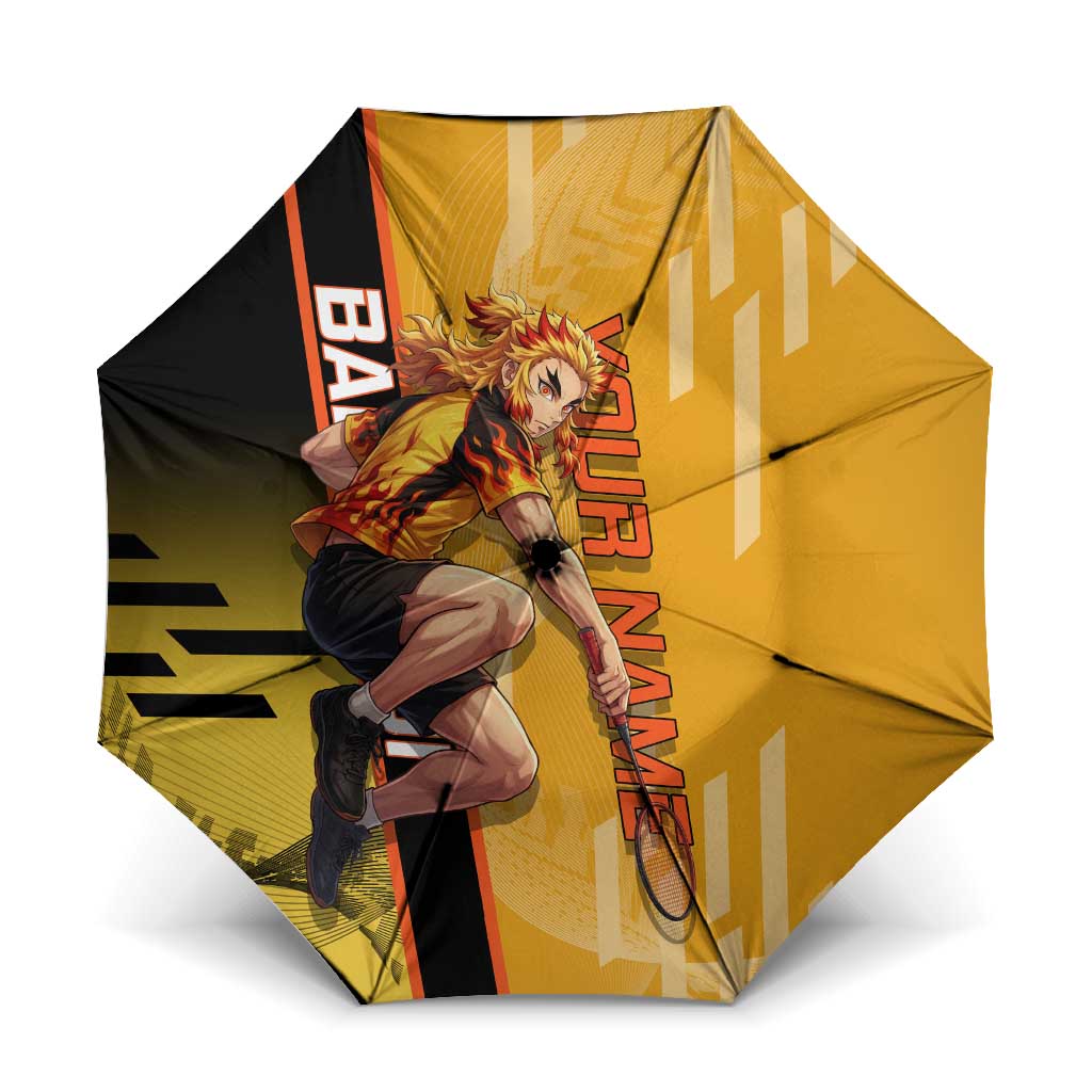 Personalized Rengoku Anime Badminton Theme Umbrella with Racket Action Pose and Fiery Yellow Black Graphic Design - The Mazicc