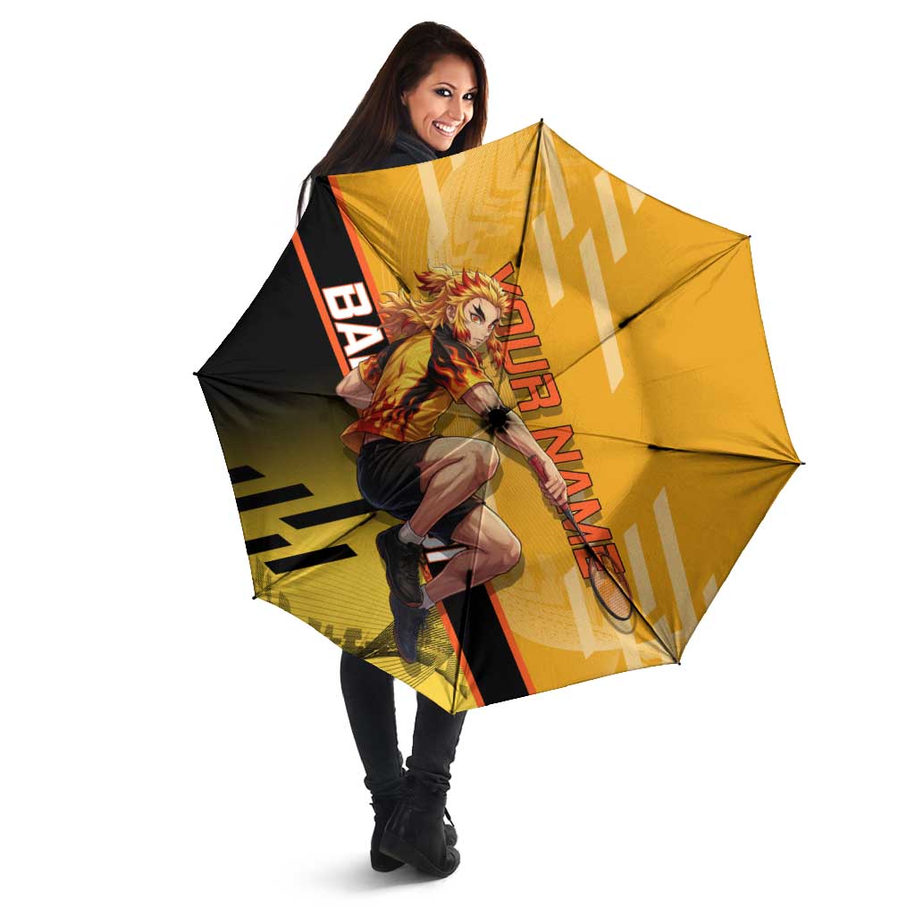 Personalized Rengoku Anime Badminton Theme Umbrella with Racket Action Pose and Fiery Yellow Black Graphic Design - The Mazicc