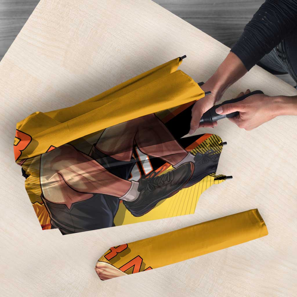 Personalized Rengoku Anime Badminton Theme Umbrella with Racket Action Pose and Fiery Yellow Black Graphic Design - The Mazicc