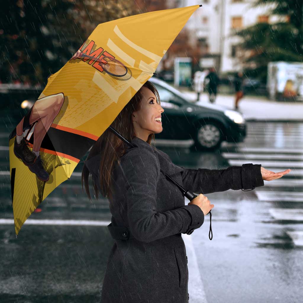 Personalized Rengoku Anime Badminton Theme Umbrella with Racket Action Pose and Fiery Yellow Black Graphic Design - The Mazicc