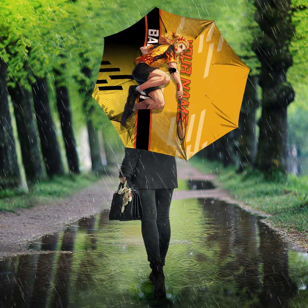 Personalized Rengoku Anime Badminton Theme Umbrella with Racket Action Pose and Fiery Yellow Black Graphic Design - The Mazicc