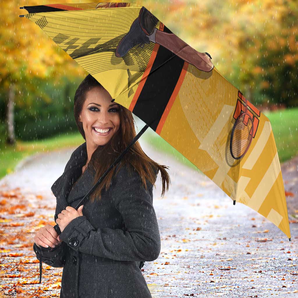Personalized Rengoku Anime Badminton Theme Umbrella with Racket Action Pose and Fiery Yellow Black Graphic Design - The Mazicc
