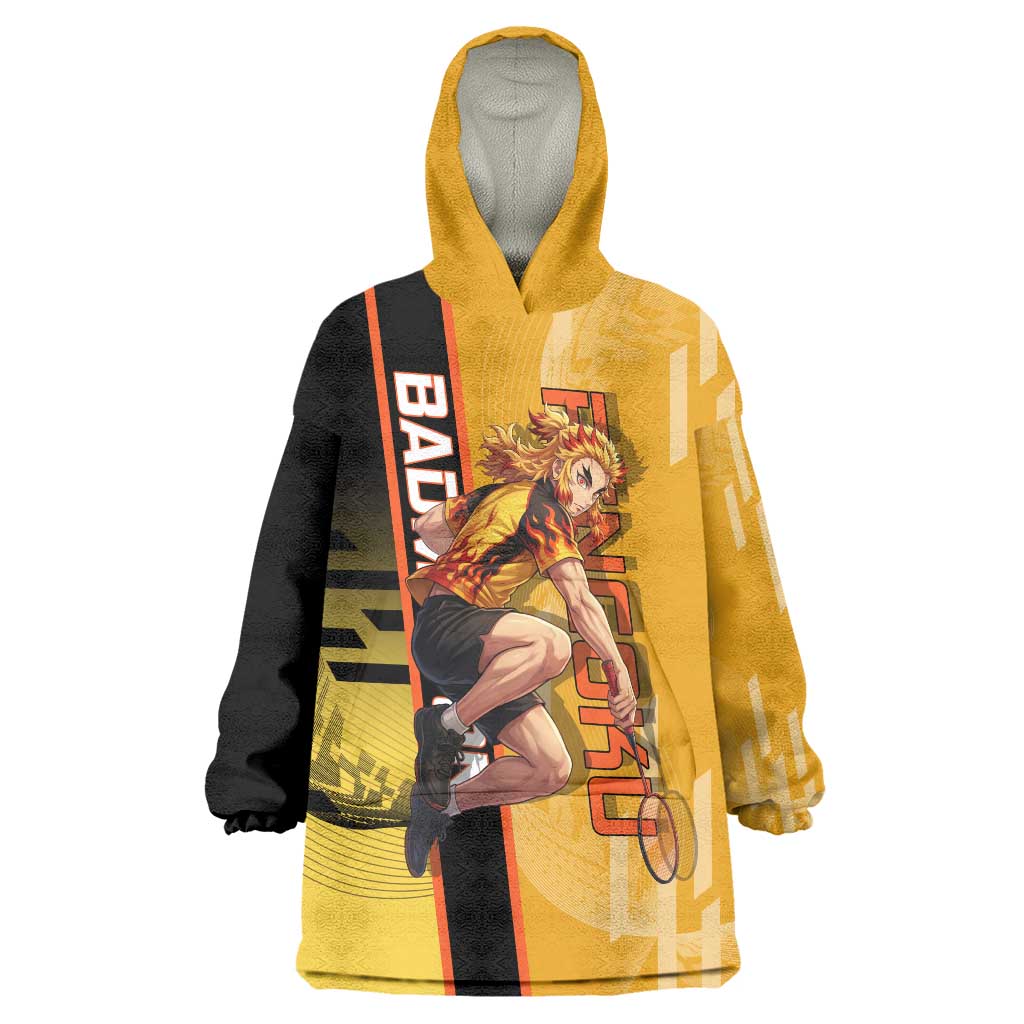 Personalized Rengoku Anime Badminton Theme Wearable Blanket Hoodie with Racket Action Pose and Fiery Yellow Black Graphic Design - The Mazicc