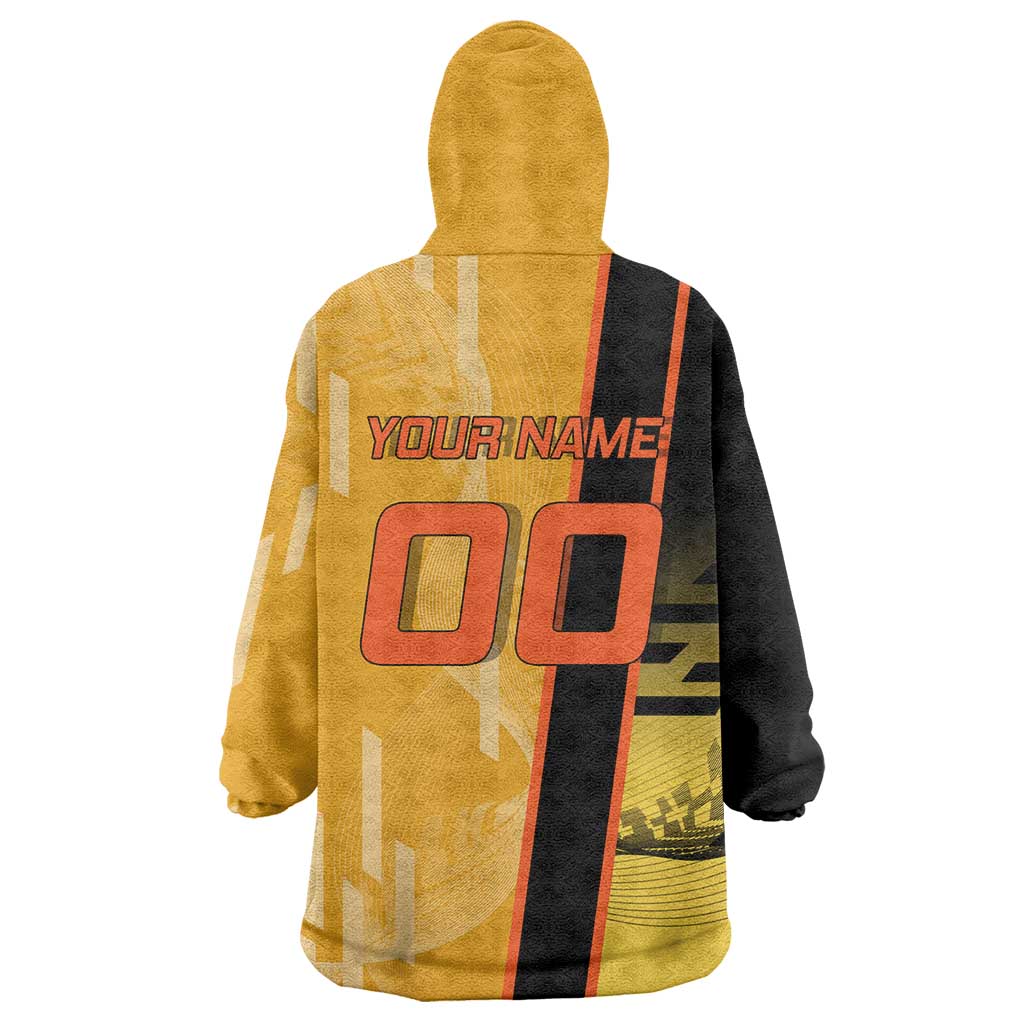 Personalized Rengoku Anime Badminton Theme Wearable Blanket Hoodie with Racket Action Pose and Fiery Yellow Black Graphic Design - The Mazicc