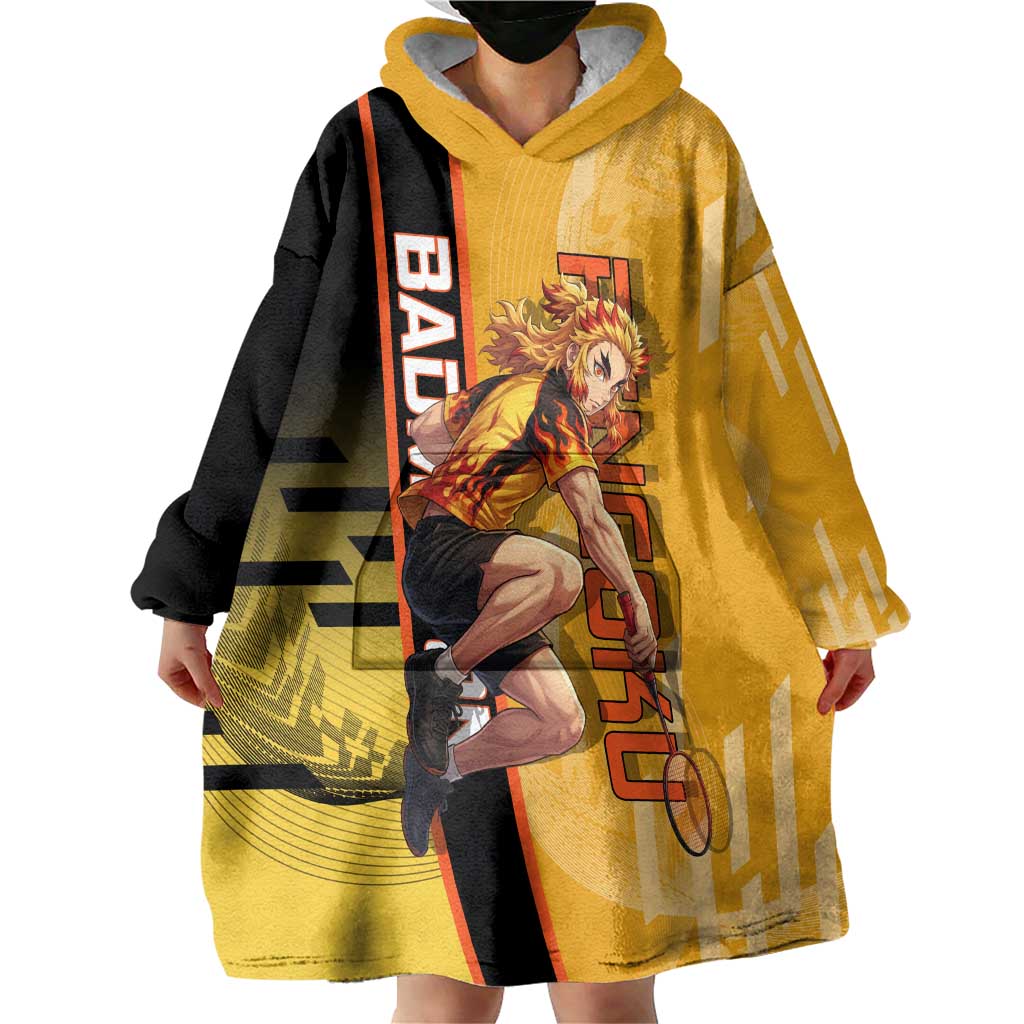 Personalized Rengoku Anime Badminton Theme Wearable Blanket Hoodie with Racket Action Pose and Fiery Yellow Black Graphic Design - The Mazicc