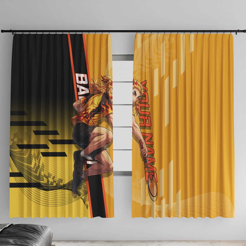 Personalized Rengoku Anime Badminton Theme Window Curtain with Racket Action Pose and Fiery Yellow Black Graphic Design - The Mazicc