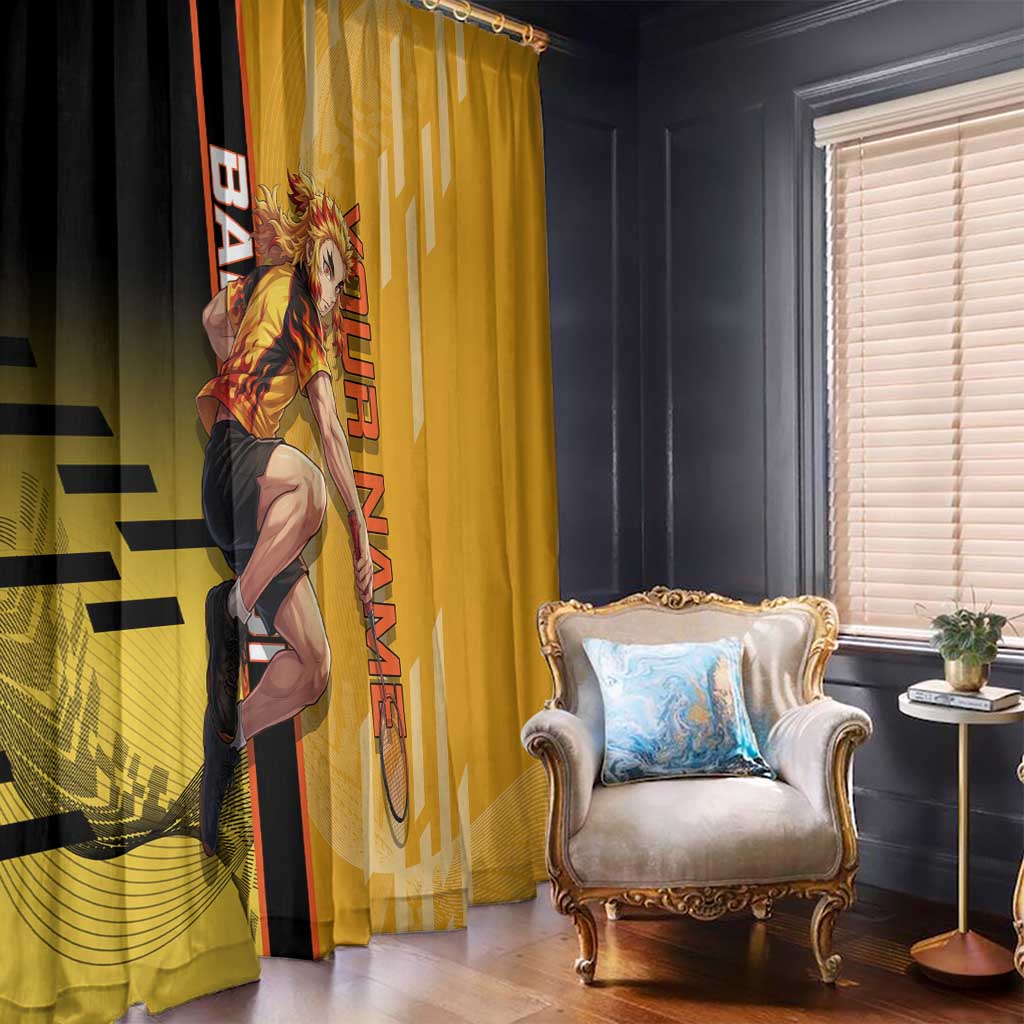 Personalized Rengoku Anime Badminton Theme Window Curtain with Racket Action Pose and Fiery Yellow Black Graphic Design - The Mazicc