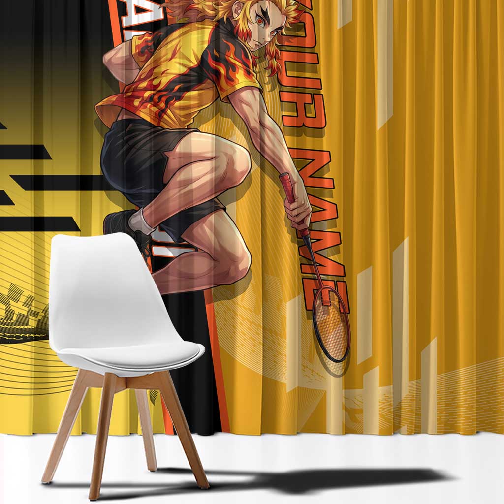 Personalized Rengoku Anime Badminton Theme Window Curtain with Racket Action Pose and Fiery Yellow Black Graphic Design - The Mazicc