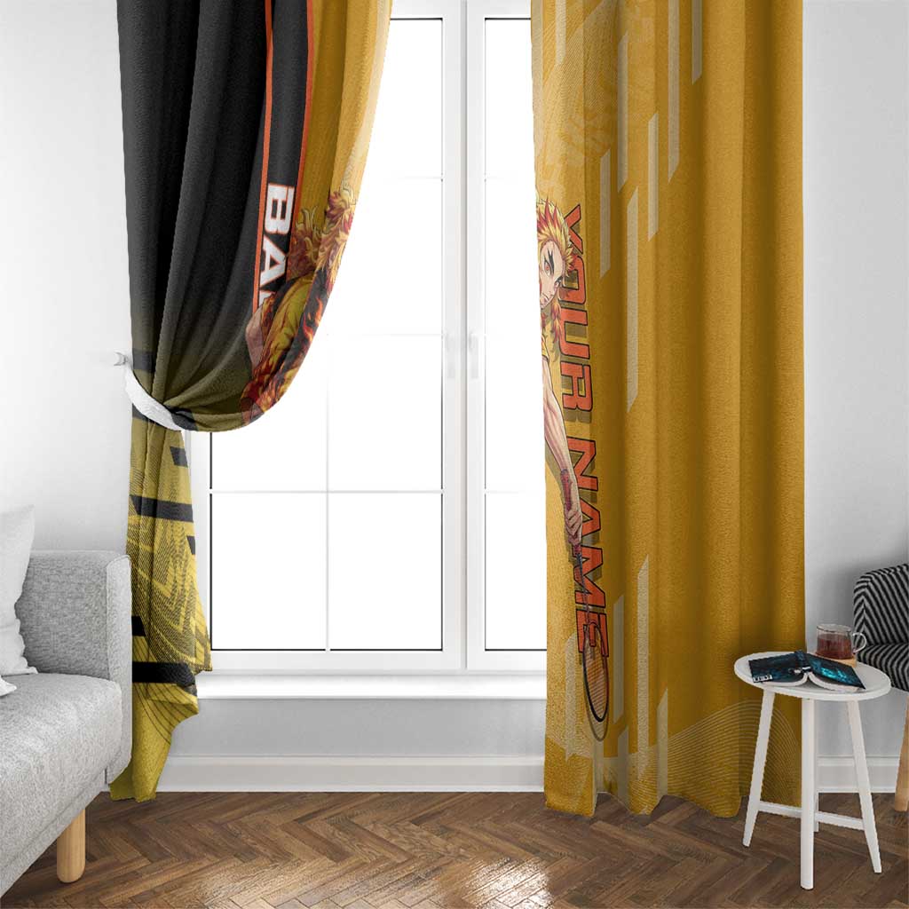 Personalized Rengoku Anime Badminton Theme Window Curtain with Racket Action Pose and Fiery Yellow Black Graphic Design - The Mazicc