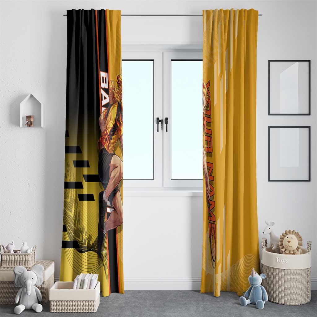 Personalized Rengoku Anime Badminton Theme Window Curtain with Racket Action Pose and Fiery Yellow Black Graphic Design - The Mazicc