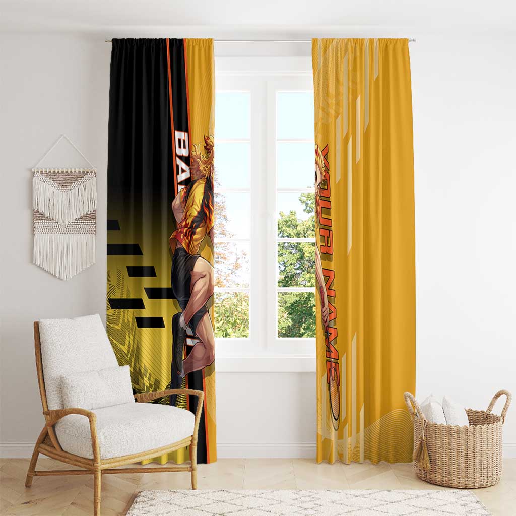 Personalized Rengoku Anime Badminton Theme Window Curtain with Racket Action Pose and Fiery Yellow Black Graphic Design - The Mazicc