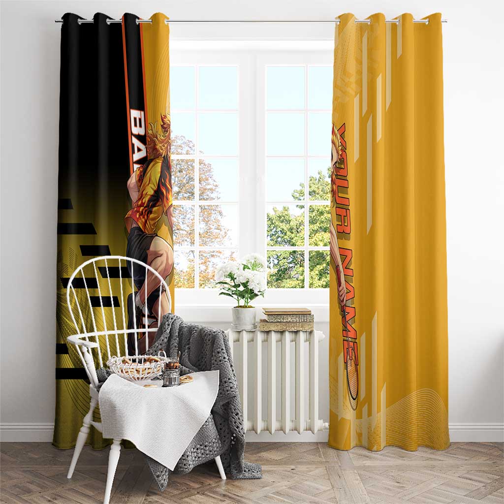 Personalized Rengoku Anime Badminton Theme Window Curtain with Racket Action Pose and Fiery Yellow Black Graphic Design - The Mazicc