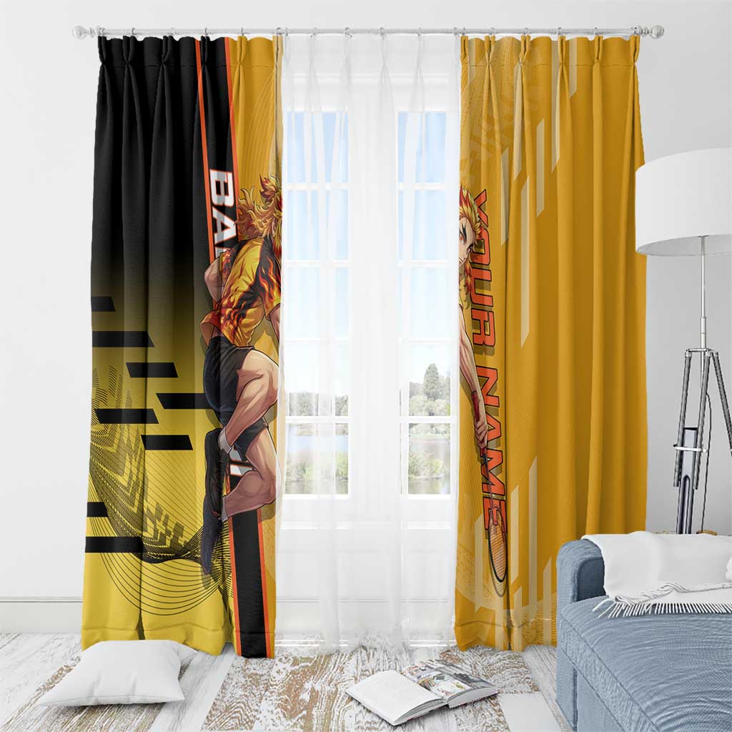 Personalized Rengoku Anime Badminton Theme Window Curtain with Racket Action Pose and Fiery Yellow Black Graphic Design - The Mazicc