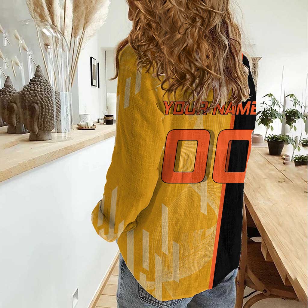 Personalized Rengoku Anime Badminton Theme Women Casual Shirt with Racket Action Pose and Fiery Yellow Black Graphic Design - The Mazicc