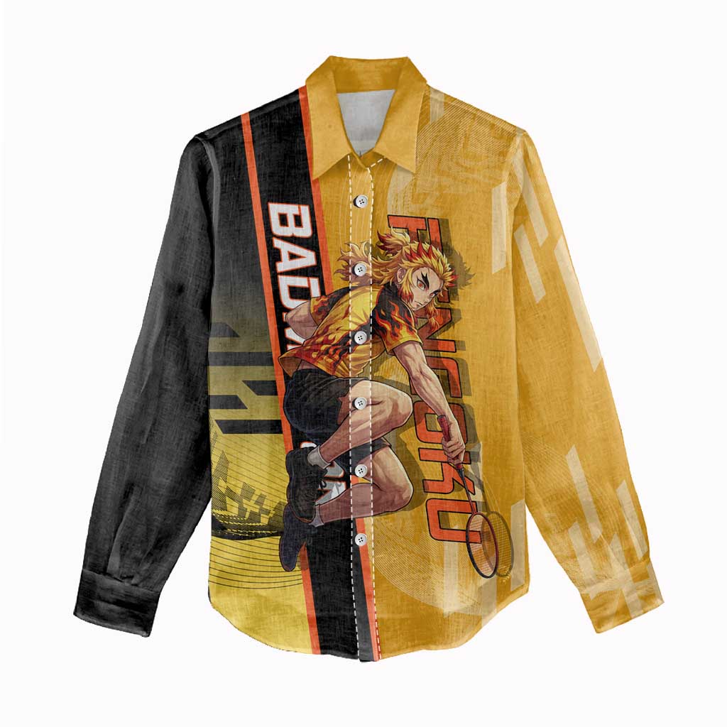 Personalized Rengoku Anime Badminton Theme Women Casual Shirt with Racket Action Pose and Fiery Yellow Black Graphic Design - The Mazicc