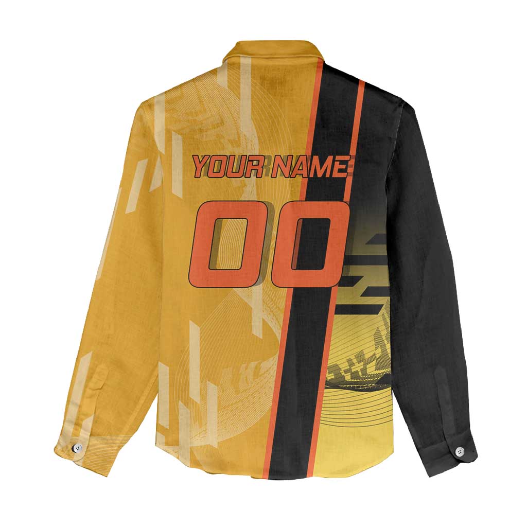 Personalized Rengoku Anime Badminton Theme Women Casual Shirt with Racket Action Pose and Fiery Yellow Black Graphic Design - The Mazicc